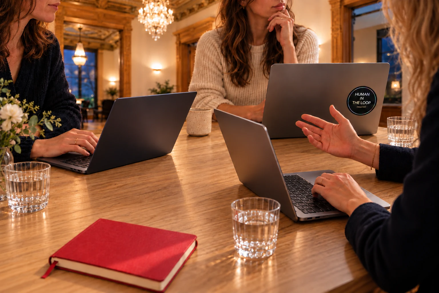 Illustrative Abendszene: drei Frauen arbeiten mit ihren Laptops an einem Tisch mit Wassergläsern und einer Tasse, in warmem Licht und historischer Umgebung.